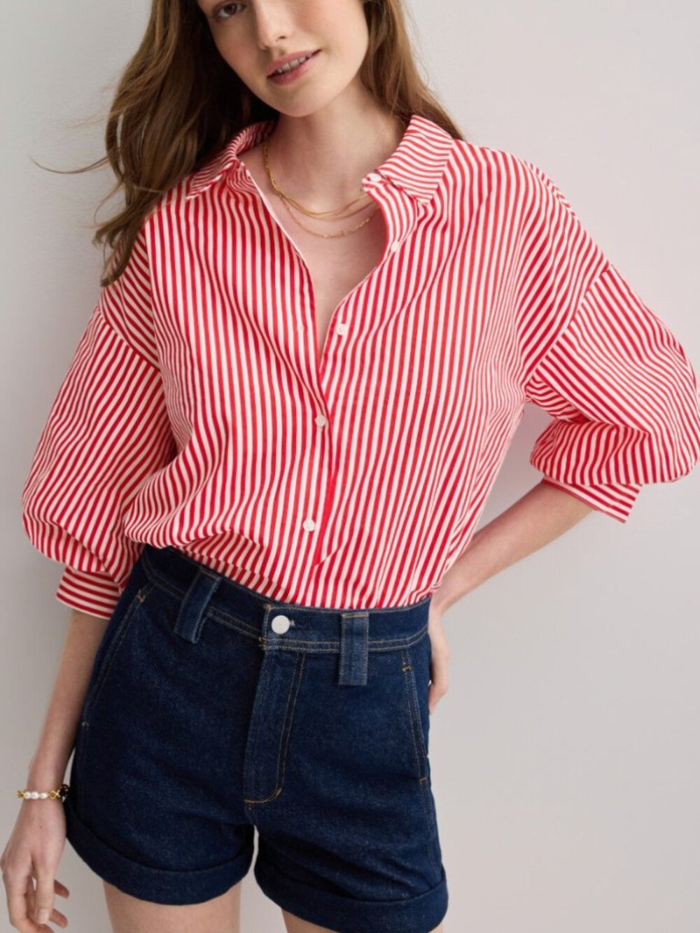 English Factory Striped Balloon Sleeves Red and White Button-Front Shirt